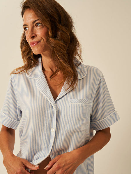 Soft Brushed Woven Short Sleeve Pajama Top - Blue Stripe Anjos & Lourenco