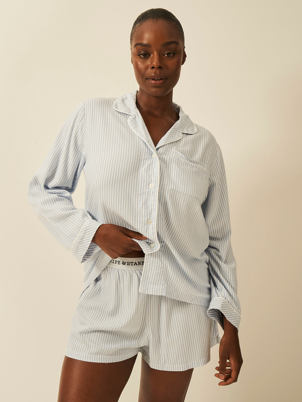 Soft Brushed Woven Pajama Shorts - Blue Stripe Anjos & Lourenco