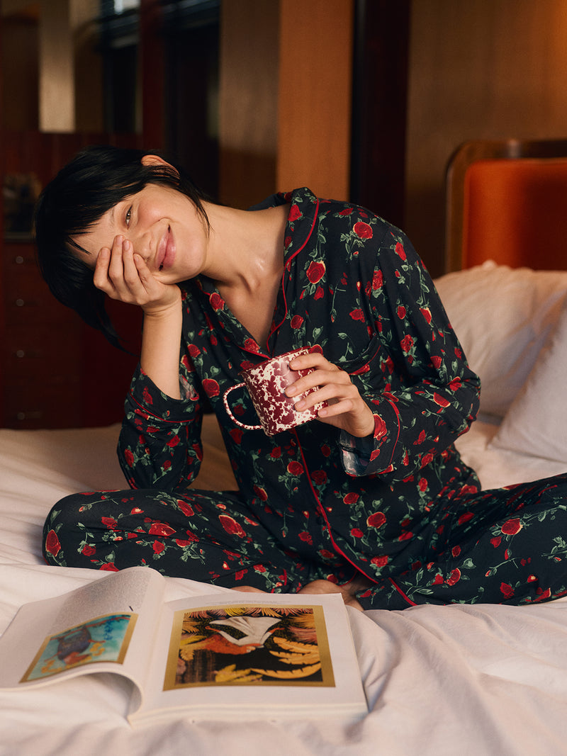 Long Pajama Set - RIXO Claudia Rose Black