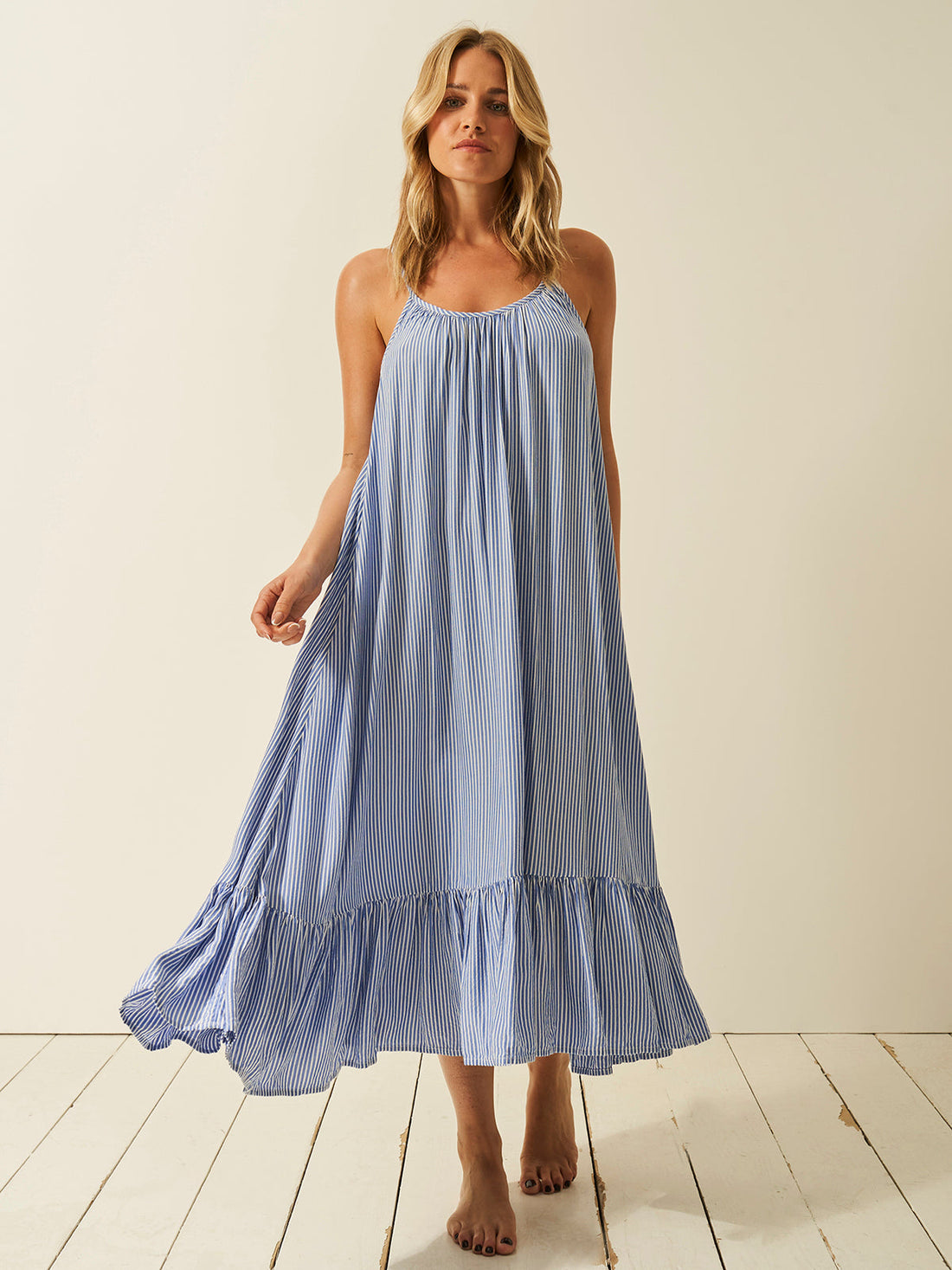 Seersucker Midi Frill Everywhere Dress - Amparo Blue Stripe Fast Track Sourcing FZC LLC