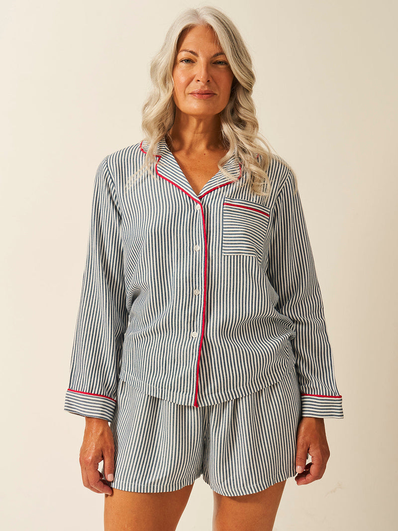 Soft Brushed Woven Pajama Top - Midnight Stripe Anjos & Lourenco