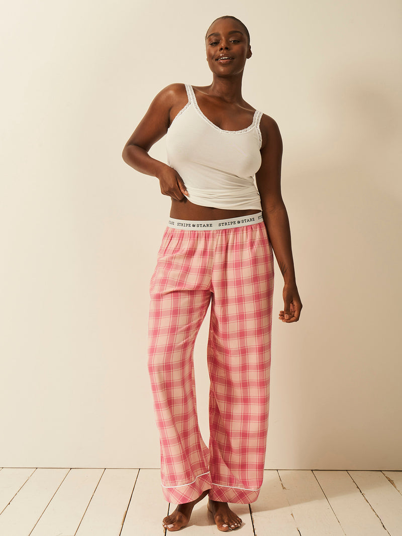 Soft Brushed Woven Pajama Bottoms - Pink Check Anjos & Lourenco
