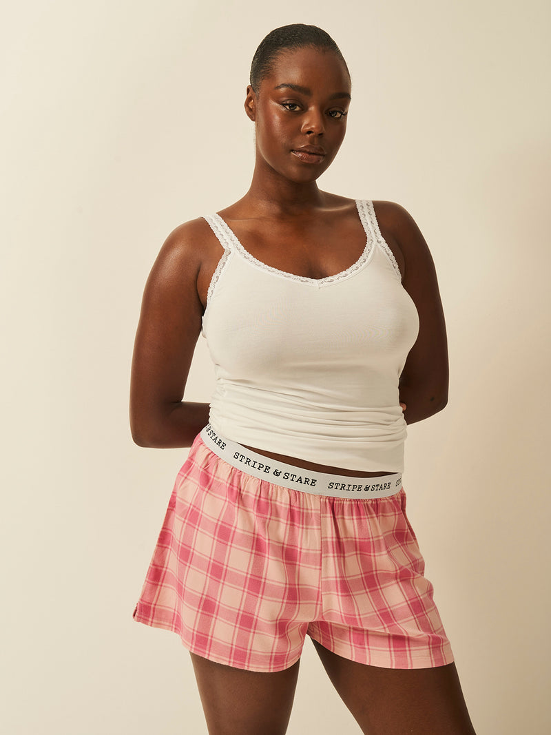 Soft Brushed Woven Pajama Shorts - Pink Check Anjos & Lourenco