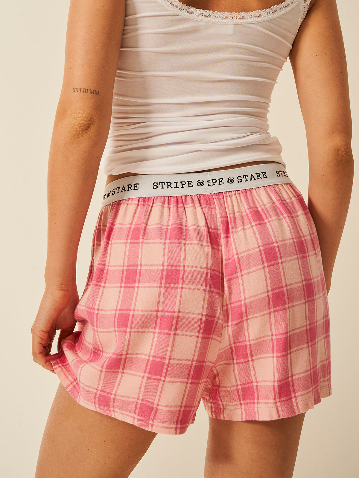 Soft Brushed Woven Pajama Shorts - Pink Check Anjos & Lourenco