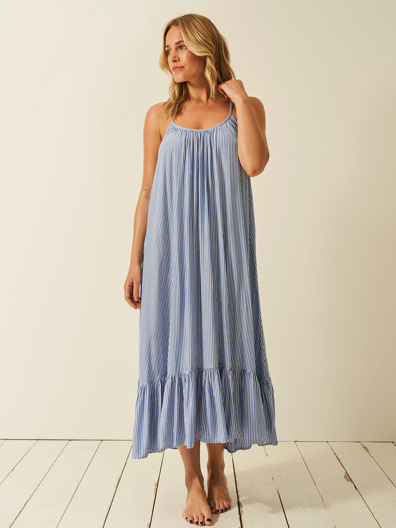 Seersucker Midi Frill Everywhere Dress - Amparo Blue Stripe Fast Track Sourcing FZC LLC