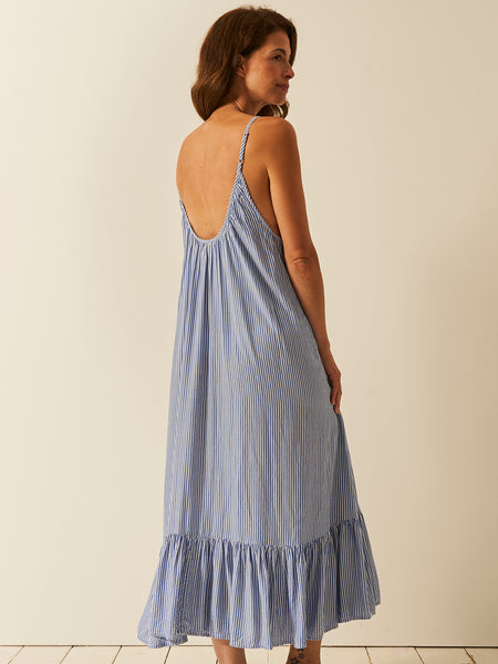 Seersucker Midi Frill Everywhere Dress - Amparo Blue Stripe Fast Track Sourcing FZC LLC