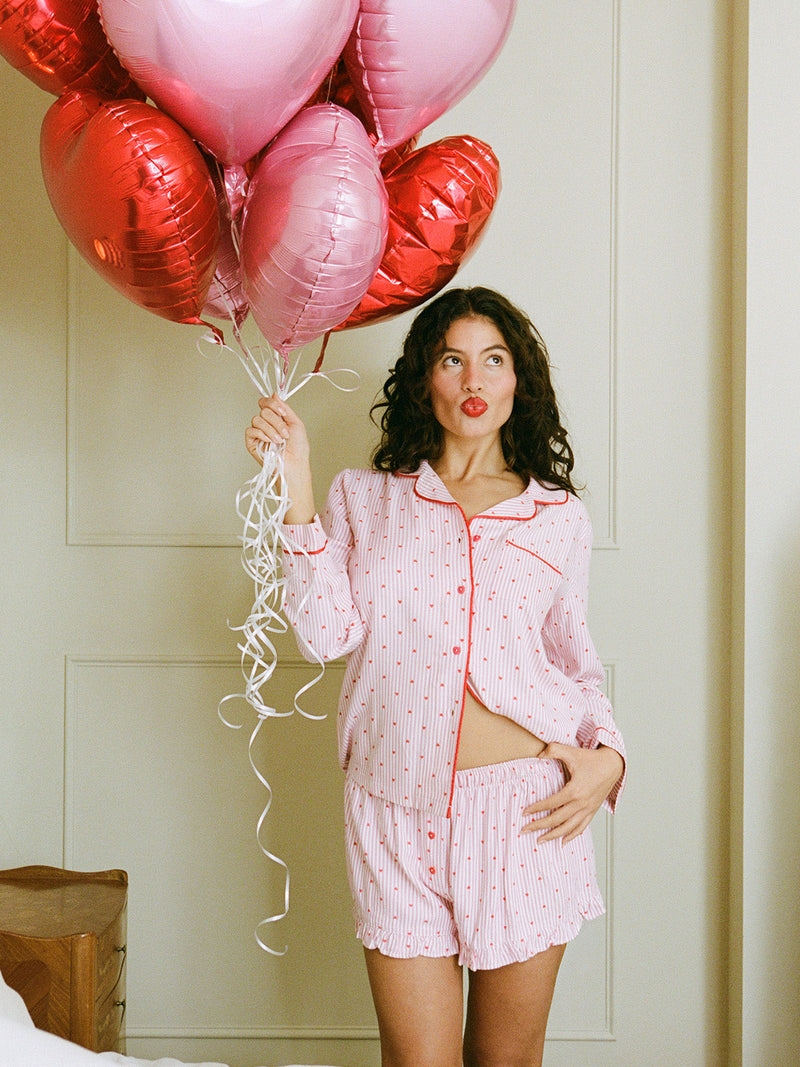 Soft Brushed Woven Frill Pajama Shorts - Hearts