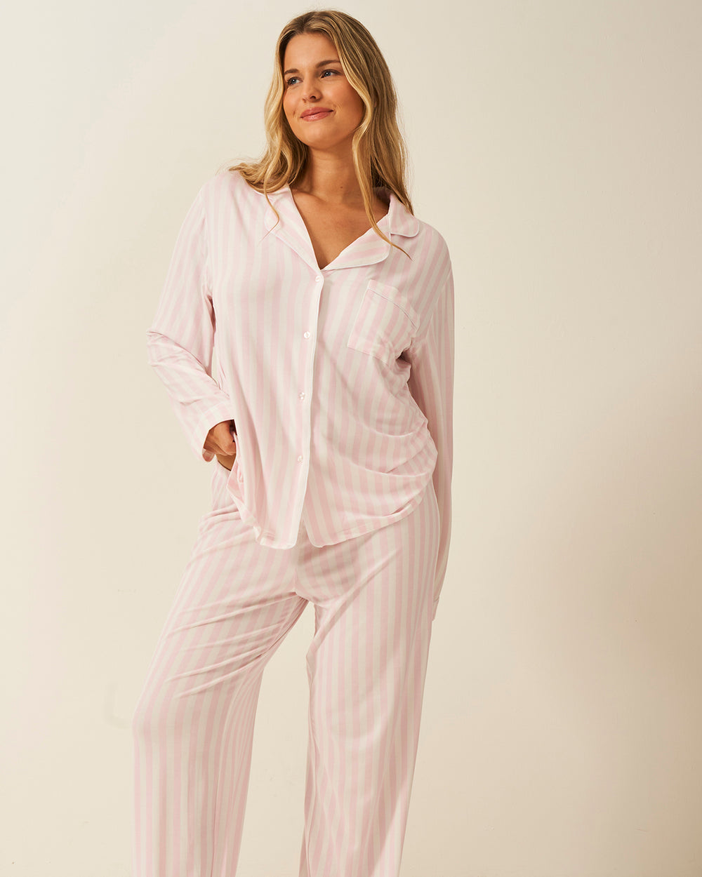 Long Pajama Set - Pale Pink Stripe Stripe & Stare