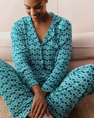 Long Pajama Set - Teal Floral Tile Stripe & Stare