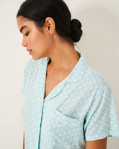 Short Pajama Set - Blue Polka Dot Stripe & Stare