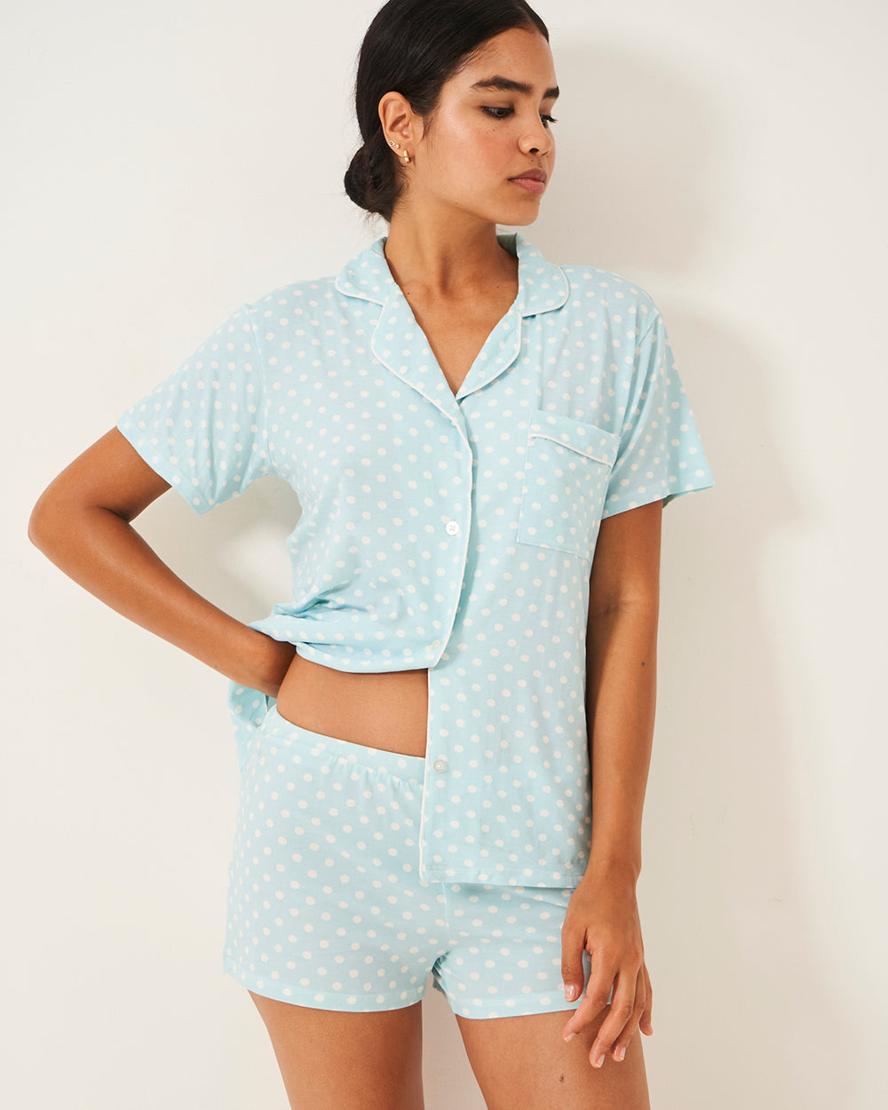 Short Pajama Set - Blue Polka Dot Stripe & Stare