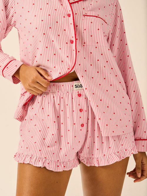 Soft Brushed Woven Frill Pajama Shorts - Hearts