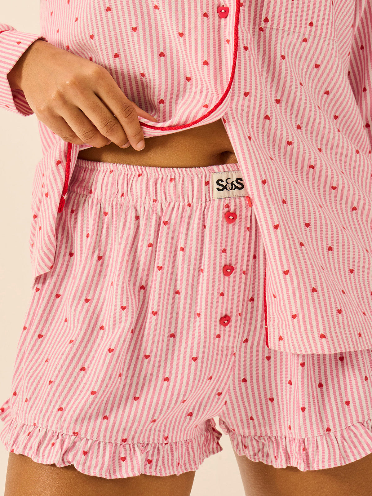 Soft Brushed Woven Frill Pajama Shorts - Hearts