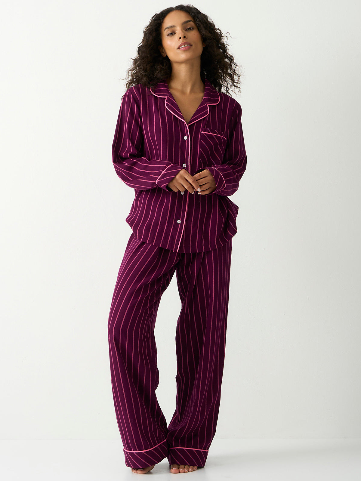 Soft Brushed Woven Pajama Bottoms - Black Cherry & Pink Pop Stripe