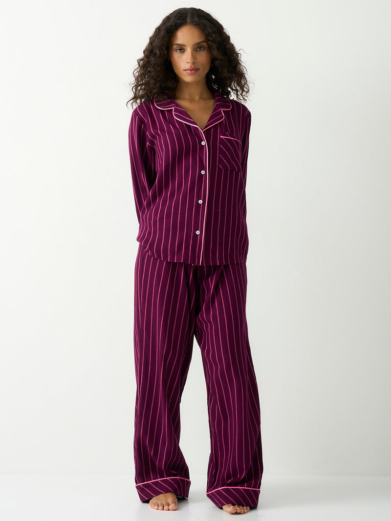 Soft Brushed Woven Pajama Bottoms - Black Cherry & Pink Pop Stripe