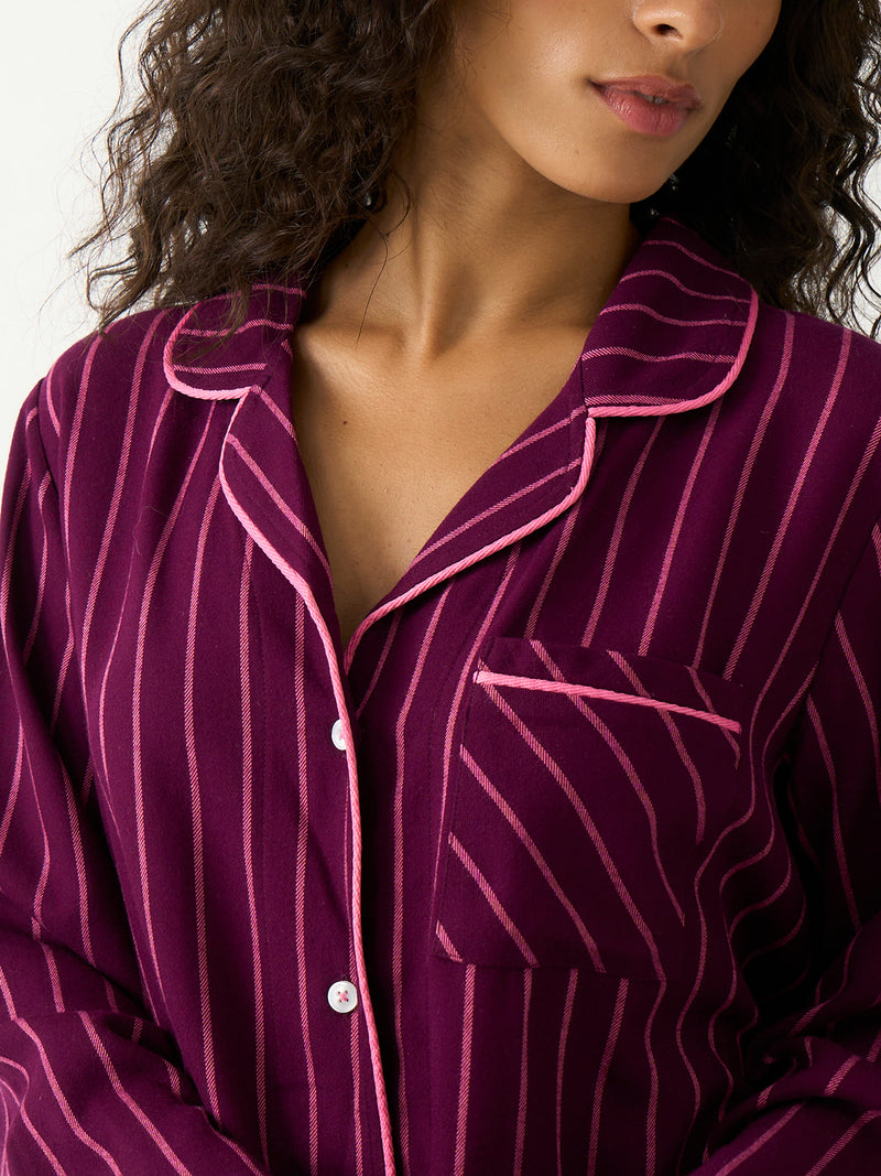 Soft Brushed Woven Pajama Top - Black Cherry & Pink Pop Stripe