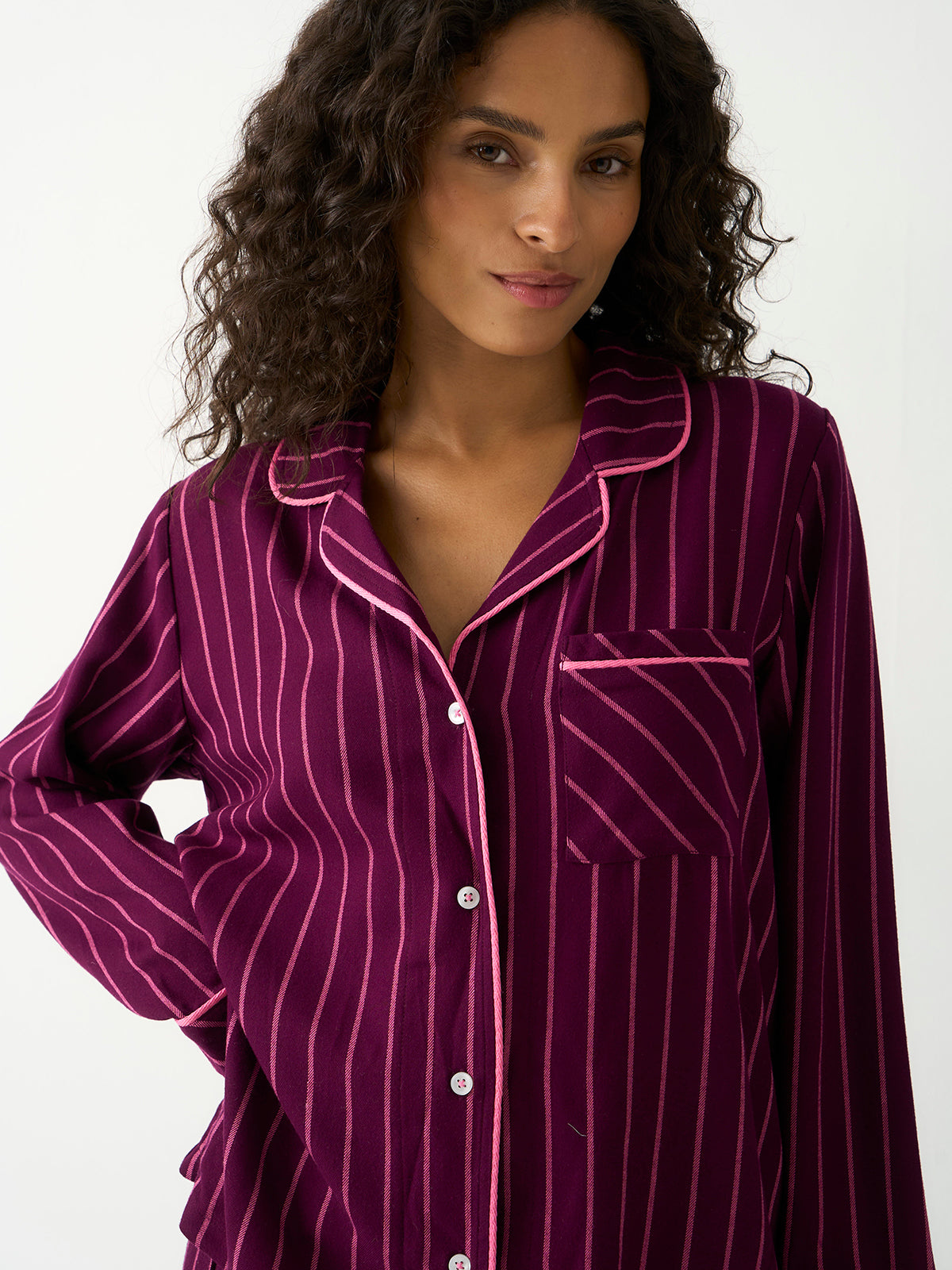 Soft Brushed Woven Pajama Top - Black Cherry & Pink Pop Stripe