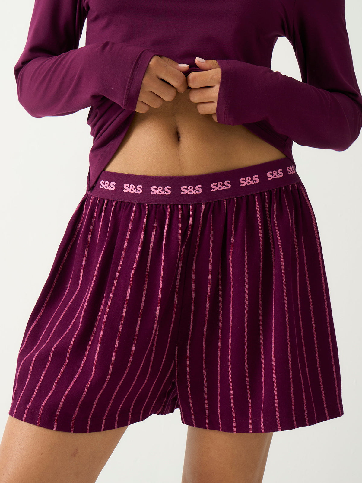 Soft Brushed Woven Pajama Shorts - Black Cherry & Pink Pop Stripe