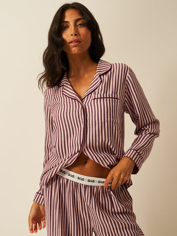 Soft Brushed Woven Pajama Top - Noir Nights & Pink Stripe