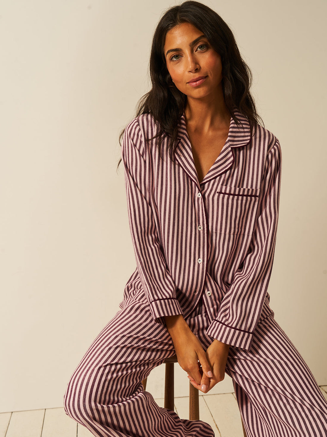 Soft Brushed Woven Pajama Top - Noir Nights & Pink Stripe