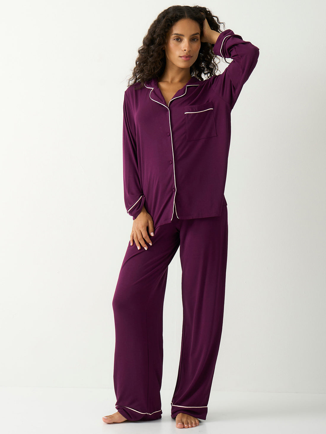 Long Pajama Set - Black Cherry & Pale Pink