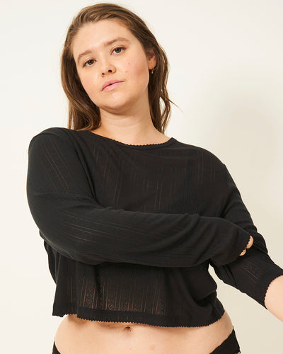 Pointelle Knit Long Sleeved T-shirt - Black Stripe & Stare