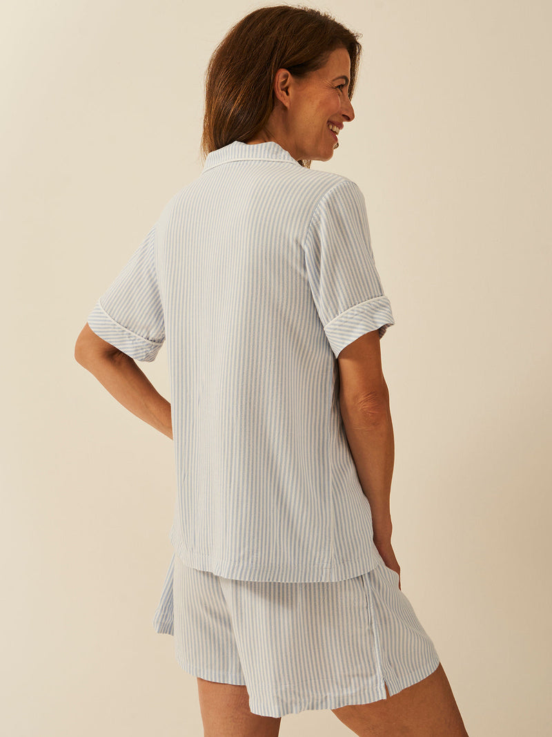 Soft Brushed Woven Short Sleeve Pajama Top - Blue Stripe Anjos & Lourenco