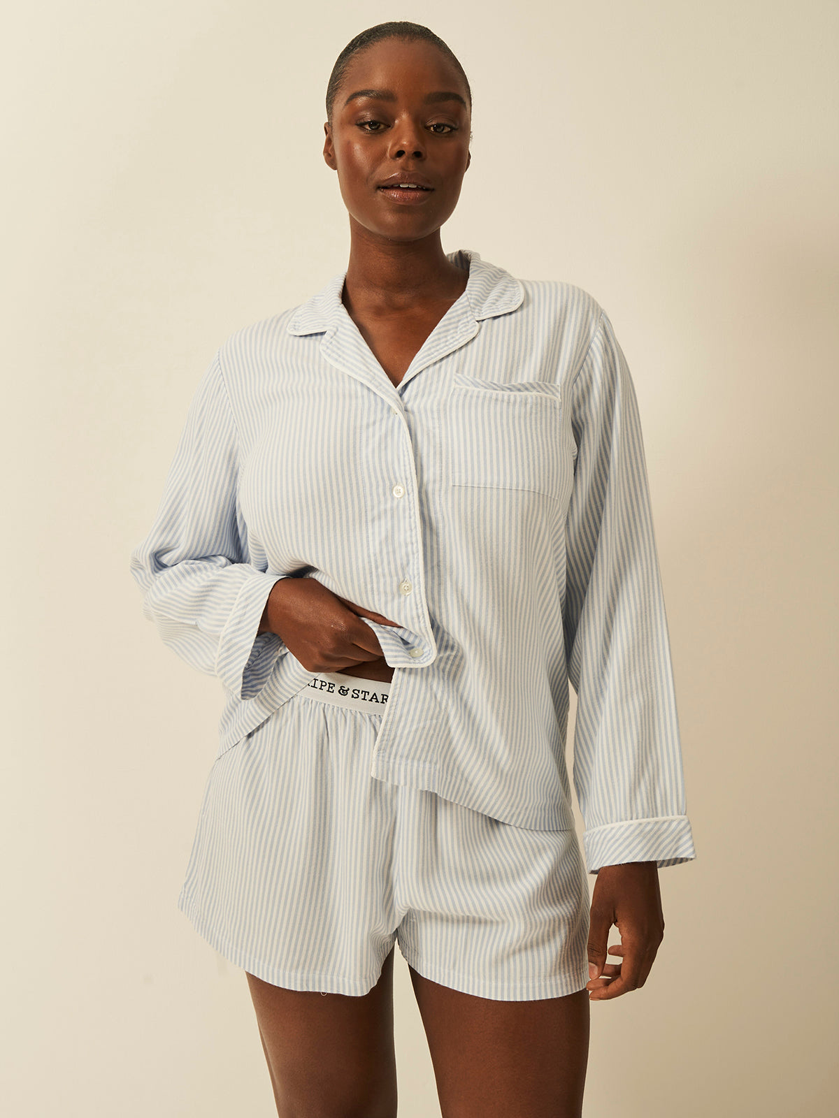 Soft Brushed Woven Pajama Top - Blue Stripe Anjos & Lourenco