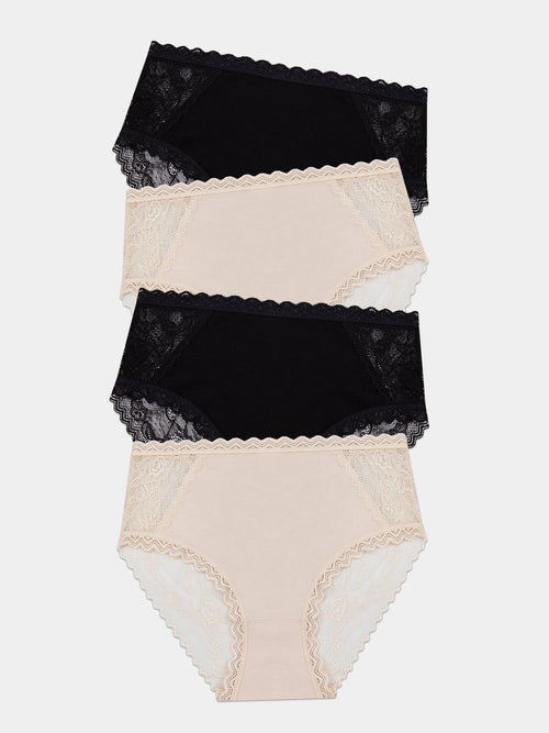 Eco Lace High Rise Brief Four Pack - Black & Sand