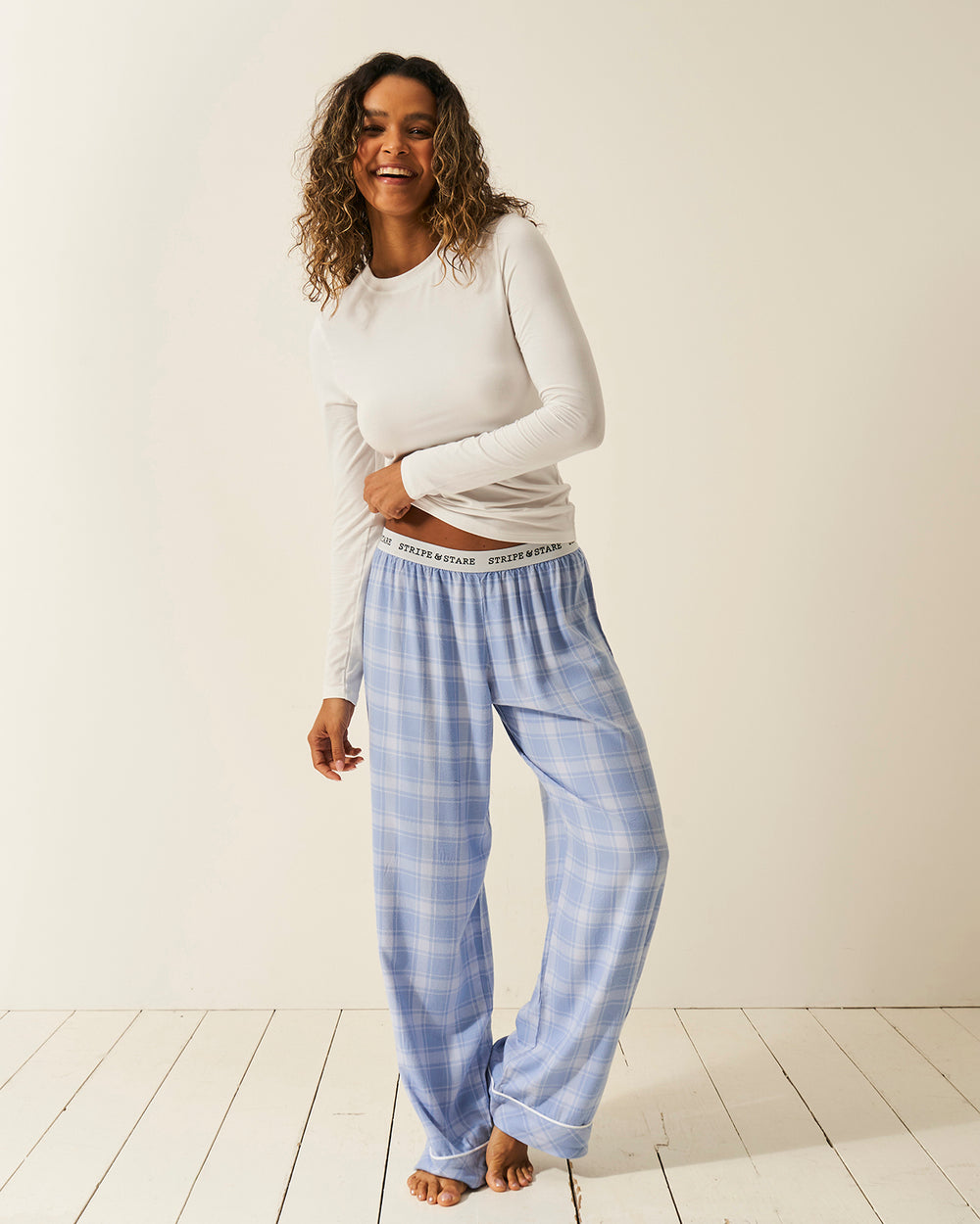 Soft Brushed Woven Pajama Bottoms - Blue Check Stripe & Stare