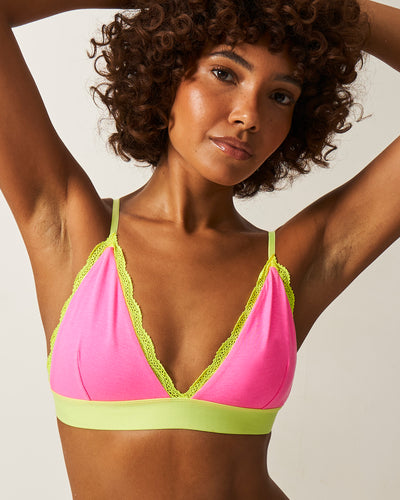 Lace Bralette - Electric Neon Hot Pink and Yellow Stripe & Stare