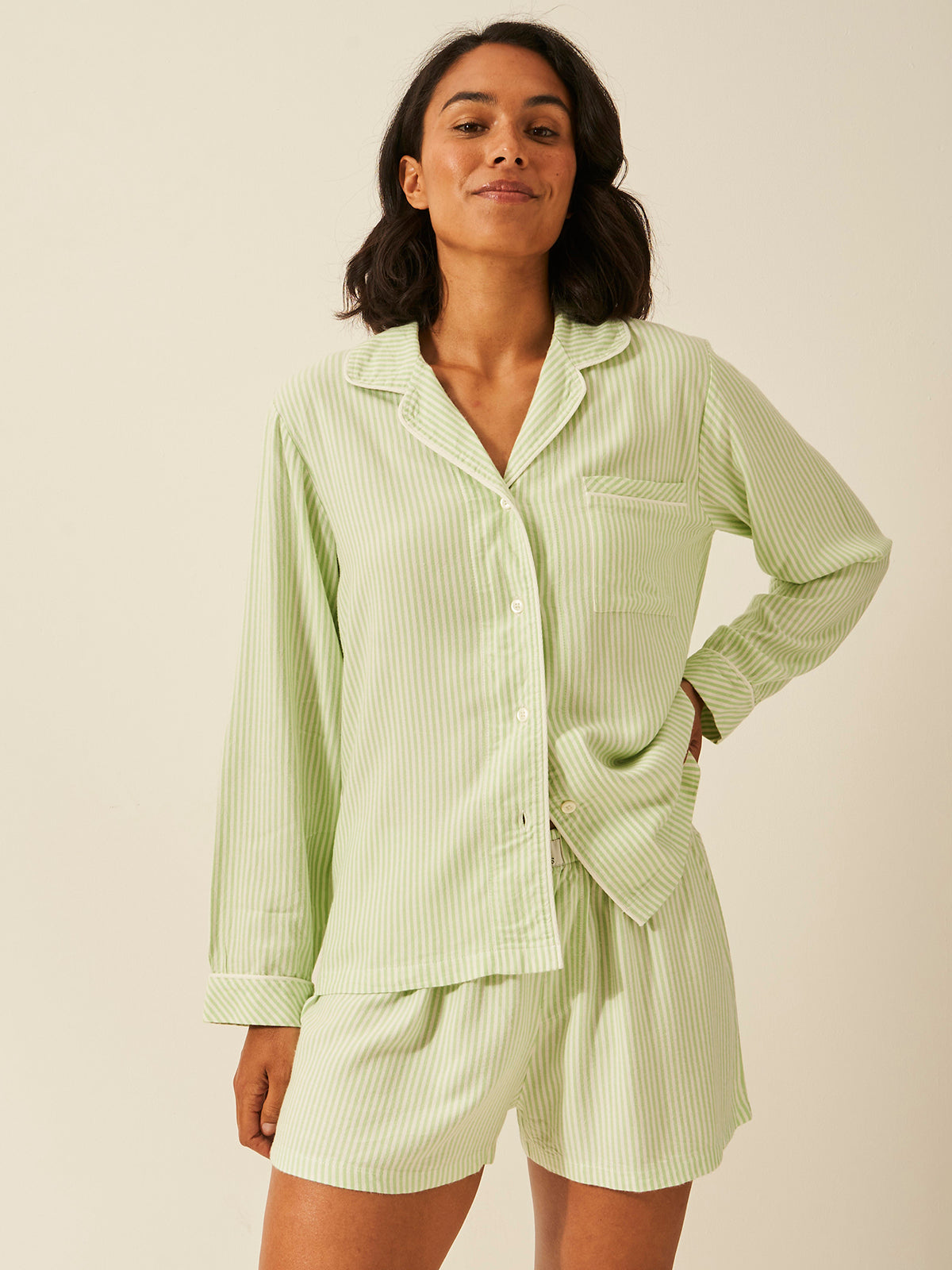 Emily English X S&S Soft Brushed Woven Pajama Shorts - Matcha Stripe Anjos & Lourenco
