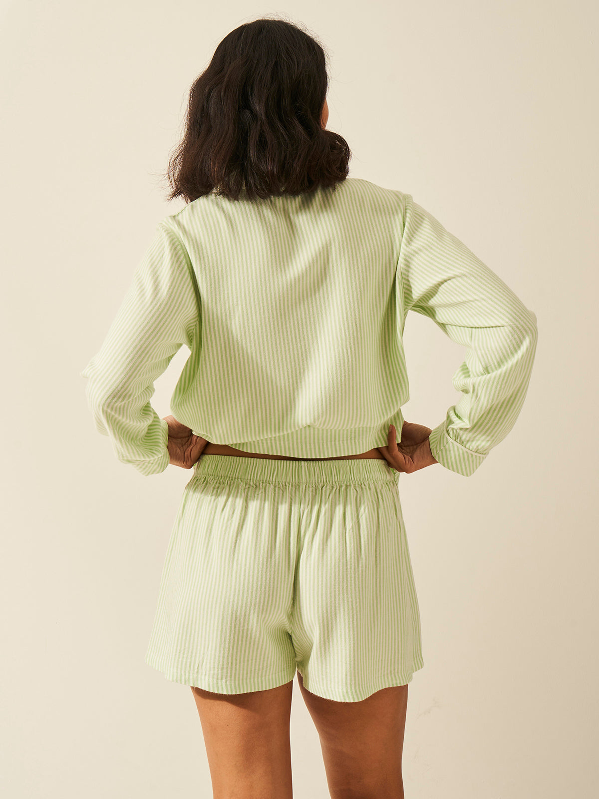 Emily English X S&S Soft Brushed Woven Pajama Shorts - Matcha Stripe Anjos & Lourenco