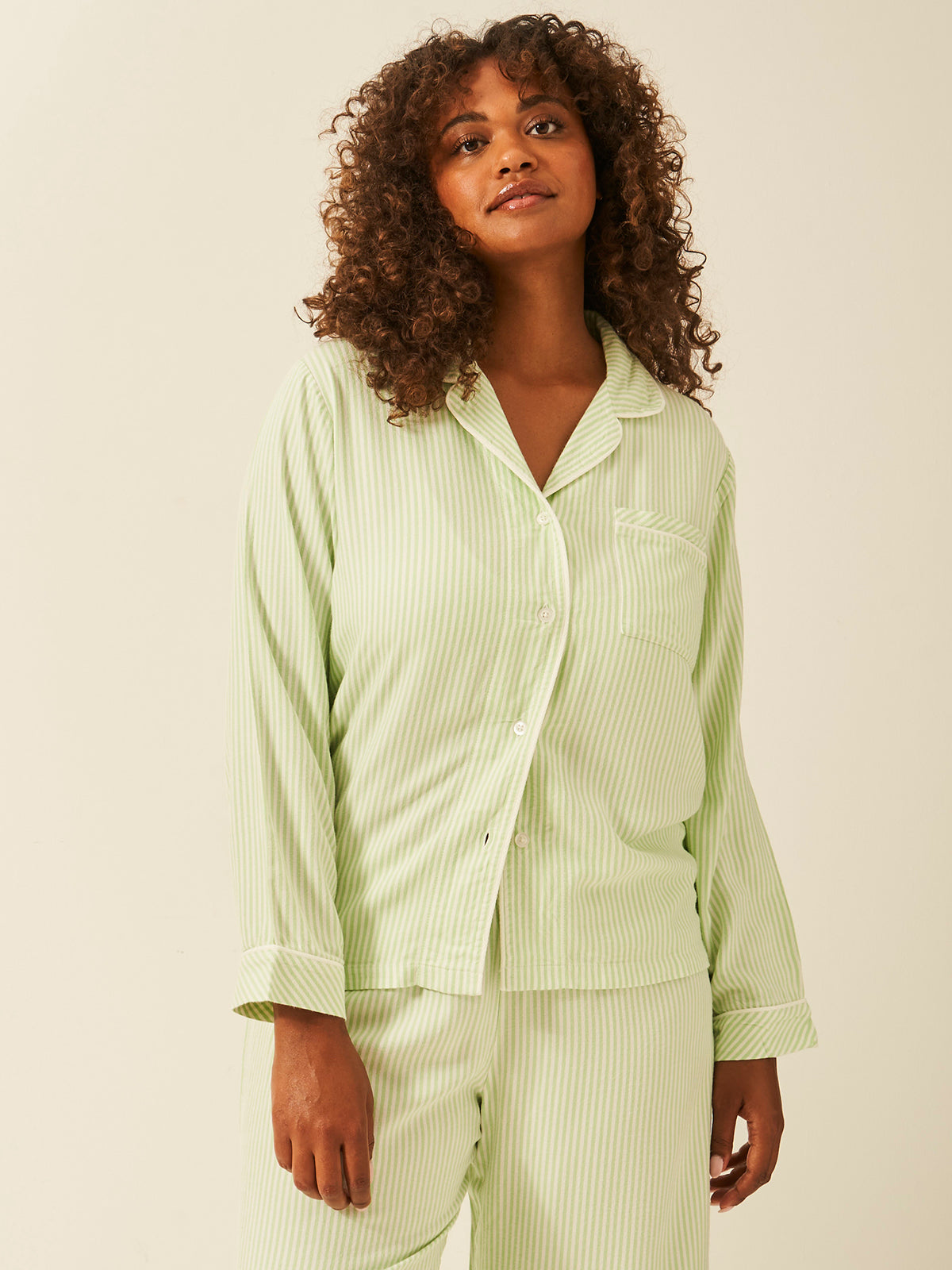Emily English X S&S Soft Brushed Woven Pajama Top - Matcha Stripe Anjos & Lourenco