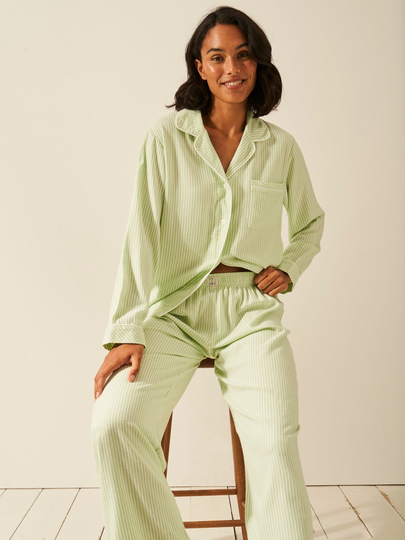 Emily English X S&S Soft Brushed Woven Pajama Top - Matcha Stripe Anjos & Lourenco