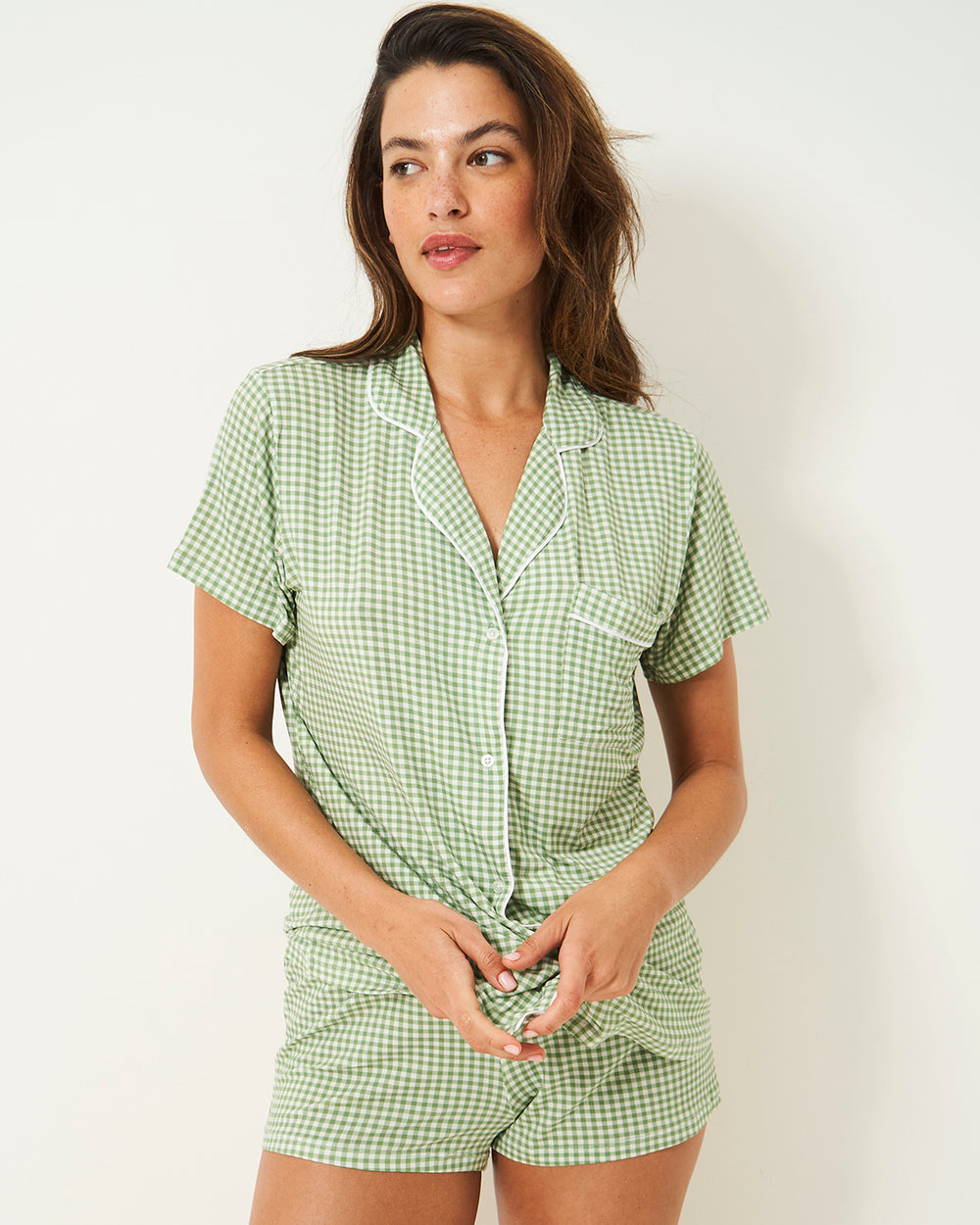 Short Pajama Set - Eveliina Sage Gingham Stripe & Stare®