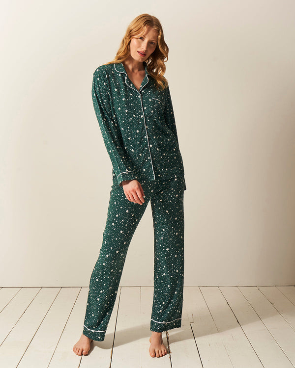 Long Pajama Set - Forest Green Stars Stripe & Stare