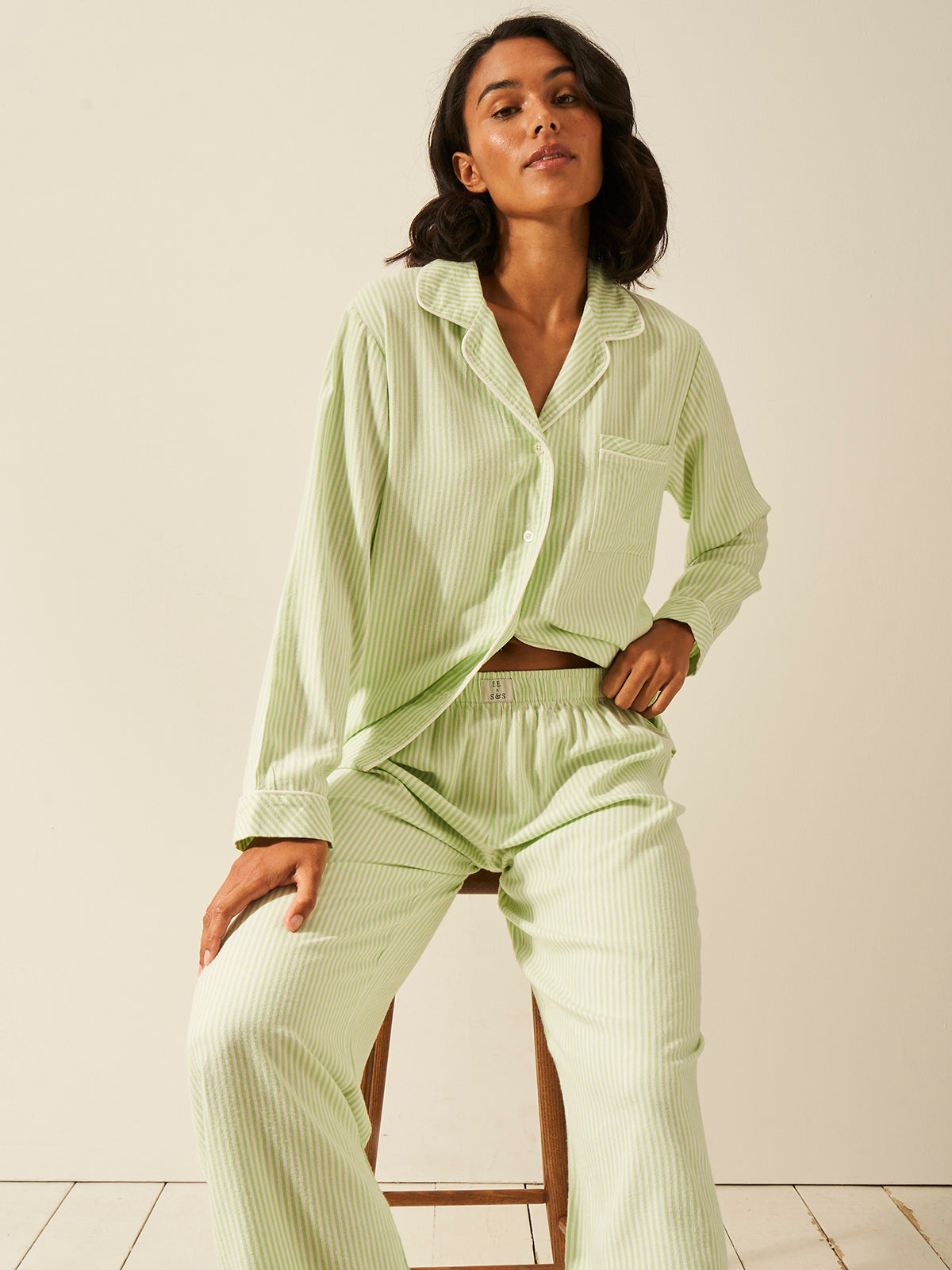 Emily English X S&S Soft Brushed Woven Pajama Bottoms - Matcha Stripe Anjos & Lourenco