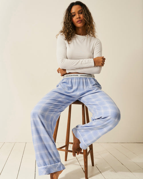 Soft Brushed Woven Pajama Bottoms - Blue Check Stripe & Stare