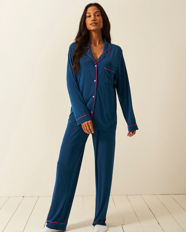 Long Pajama Set - Midnight and Raspberry Stripe & Stare