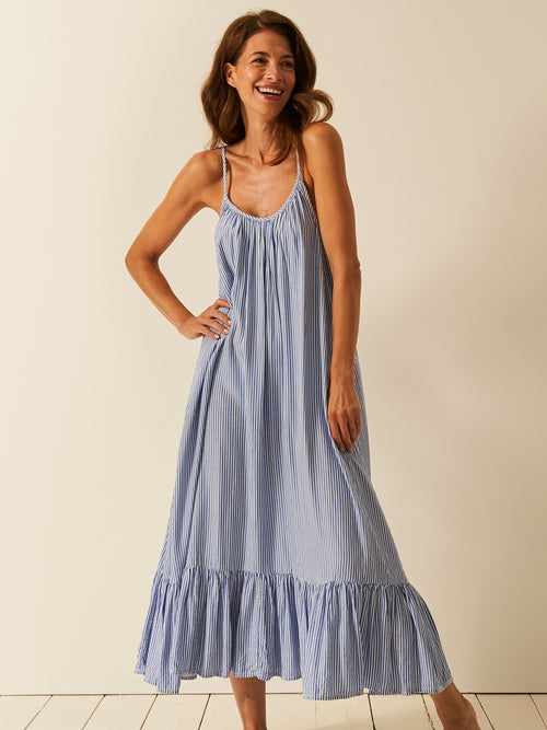 Seersucker Midi Frill Everywhere Dress - Amparo Blue Stripe Fast Track Sourcing FZC LLC