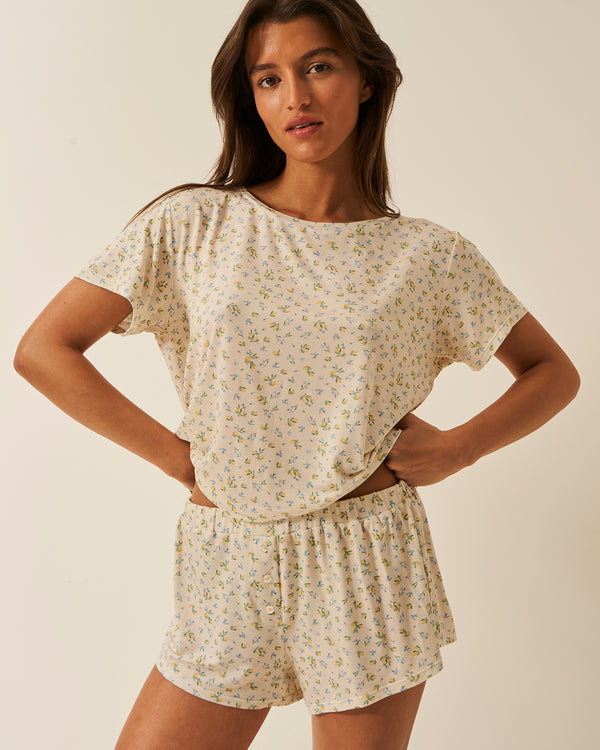 T-shirt & Bed Short Set - Summer Lemon Stripe & Stare