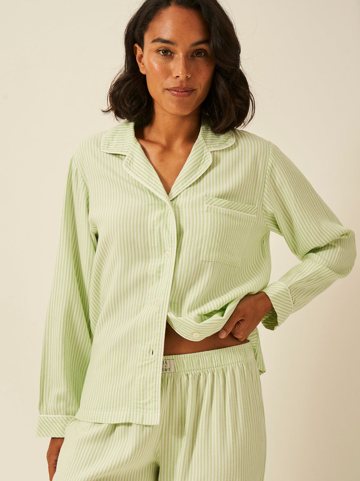 Emily English X S&S Soft Brushed Woven Pajama Top - Matcha Stripe Anjos & Lourenco