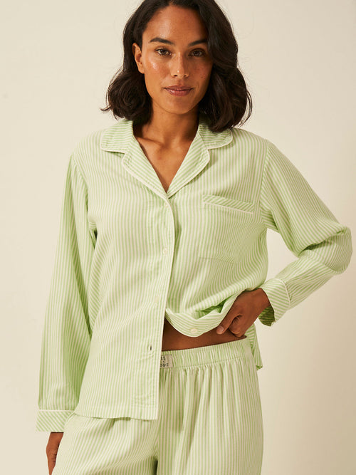 Emily English X S&S Soft Brushed Woven Pajama Top - Matcha Stripe Anjos & Lourenco