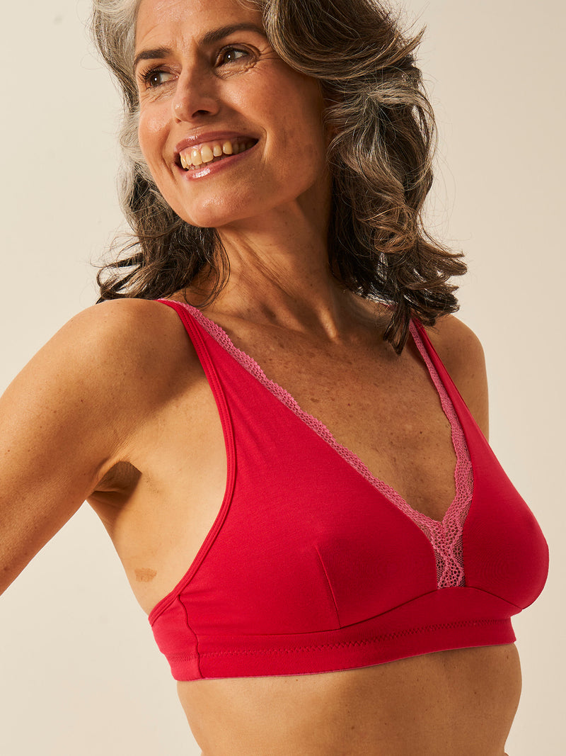 Lace Plunge Bra - Lipstick Red & Pink Cosmos