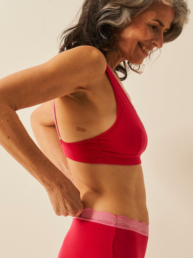 Lace Plunge Bra - Lipstick Red & Pink Cosmos