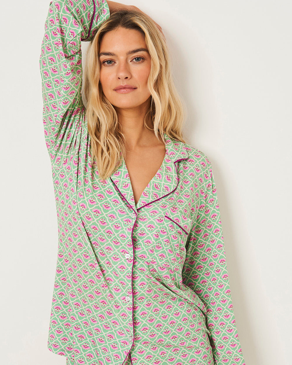 Long Sleeve Pajama Set - Green Floral Tile Stripe & Stare