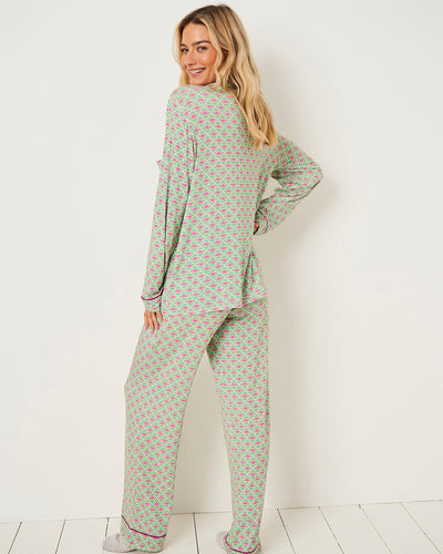 Long Sleeve Pajama Set - Green Floral Tile Stripe & Stare