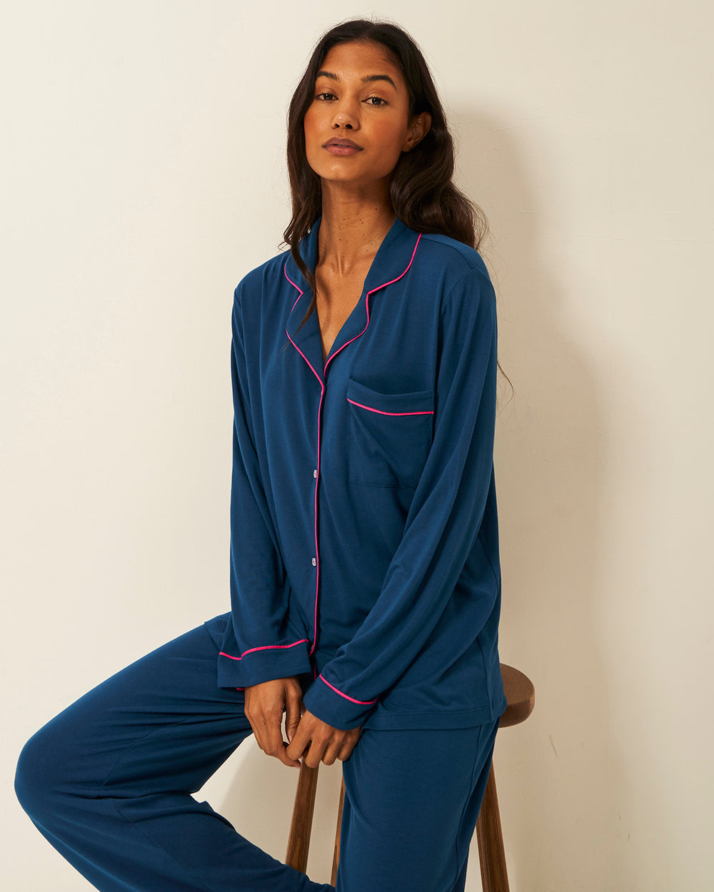 Long Pajama Set - Midnight and Raspberry Stripe & Stare