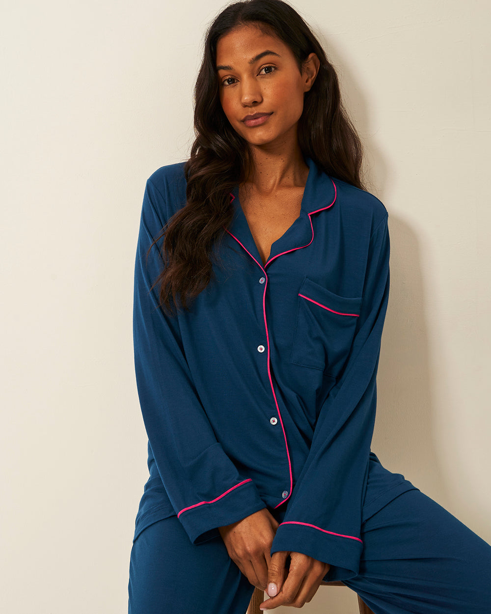 Long Pajama Set - Midnight and Raspberry Stripe & Stare